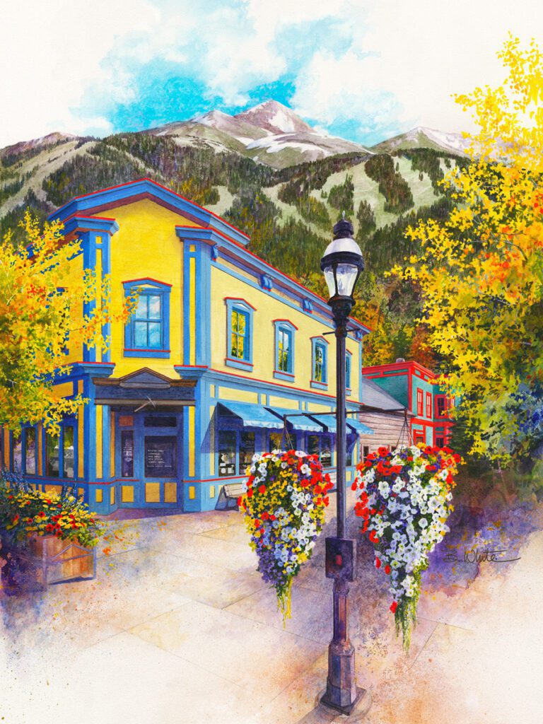 Colorful Breckenridge Main Street watercolor painting by Bruce White artist