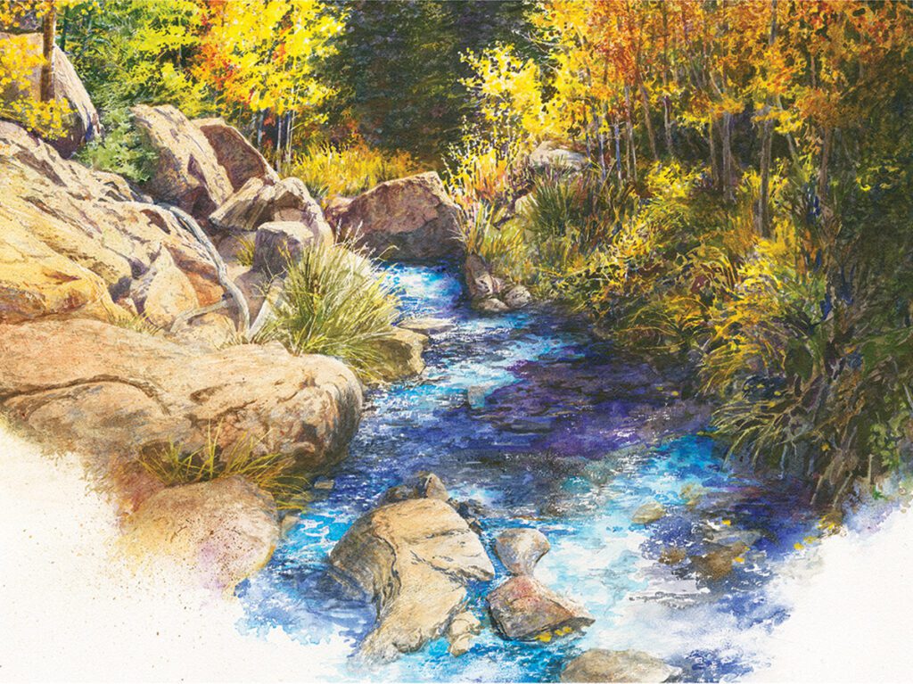Tyndall Creek in Colorado watercolor painting by Colorado artist Bruce White